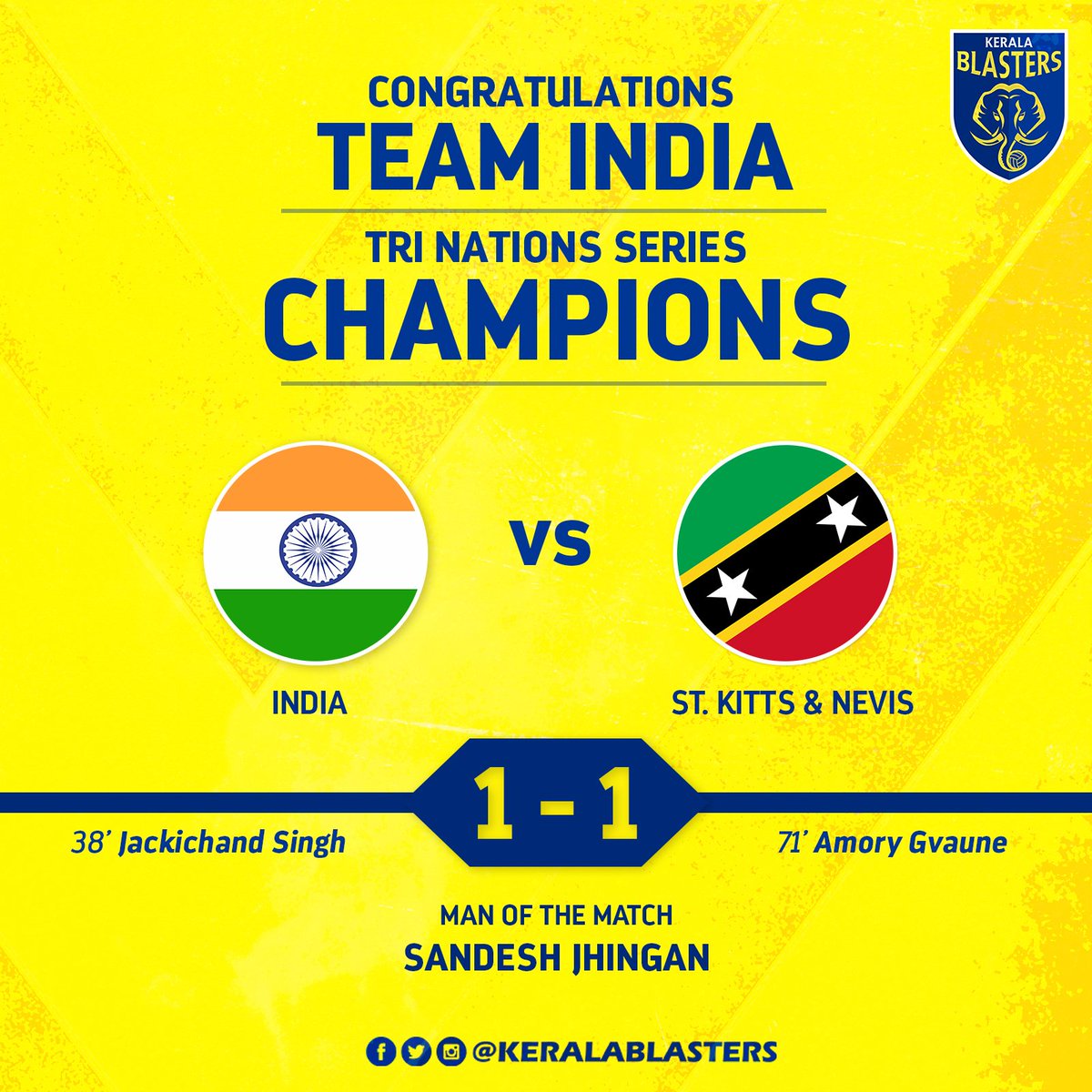 KeralaBlasters's tweet photo. Congratulations team India for winning the Tri Nations Series! 

#BackTheBlue #AsianDream #KBFC https://t.co/L0qZCavYav
