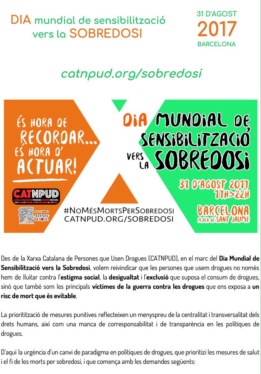 CATNPUD's tweet photo. #NoMésMortsPerSobredosi JA!
📣Us esperem el proper 31 d'agost a les 17h, plaça Sant Jaume de Barcelona

📌Més info: https://t.co/qlALqblRil https://t.co/o22qOjgPYw