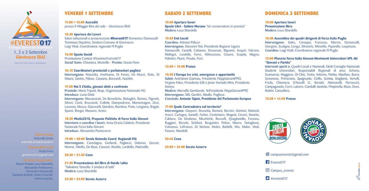 <a href="/campuseverest/">Campus Everest</a> : 
Programma aggiornato ✅ 
Adesioni a valanga ✅  e -7 gg 
all'inizio! #Pronti per Giovinazzo!  @AngieCalabria <a href="/FI_Giovani/">Forza Italia Giovani</a>