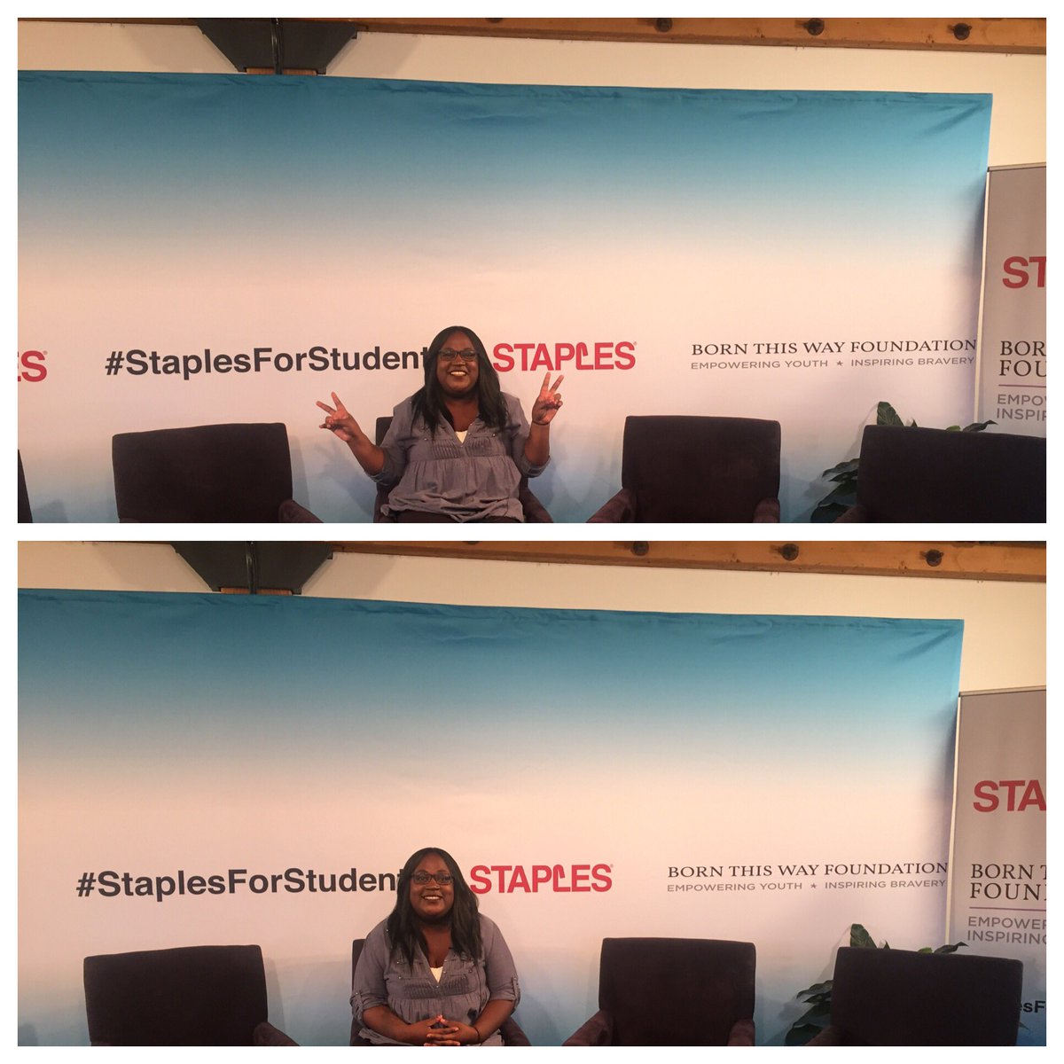 PeaceFirstOrg's tweet image. Ready to go! Shay's about to share her stories of kindness with @Staples and @BTWFoundation! #StaplesForStudents