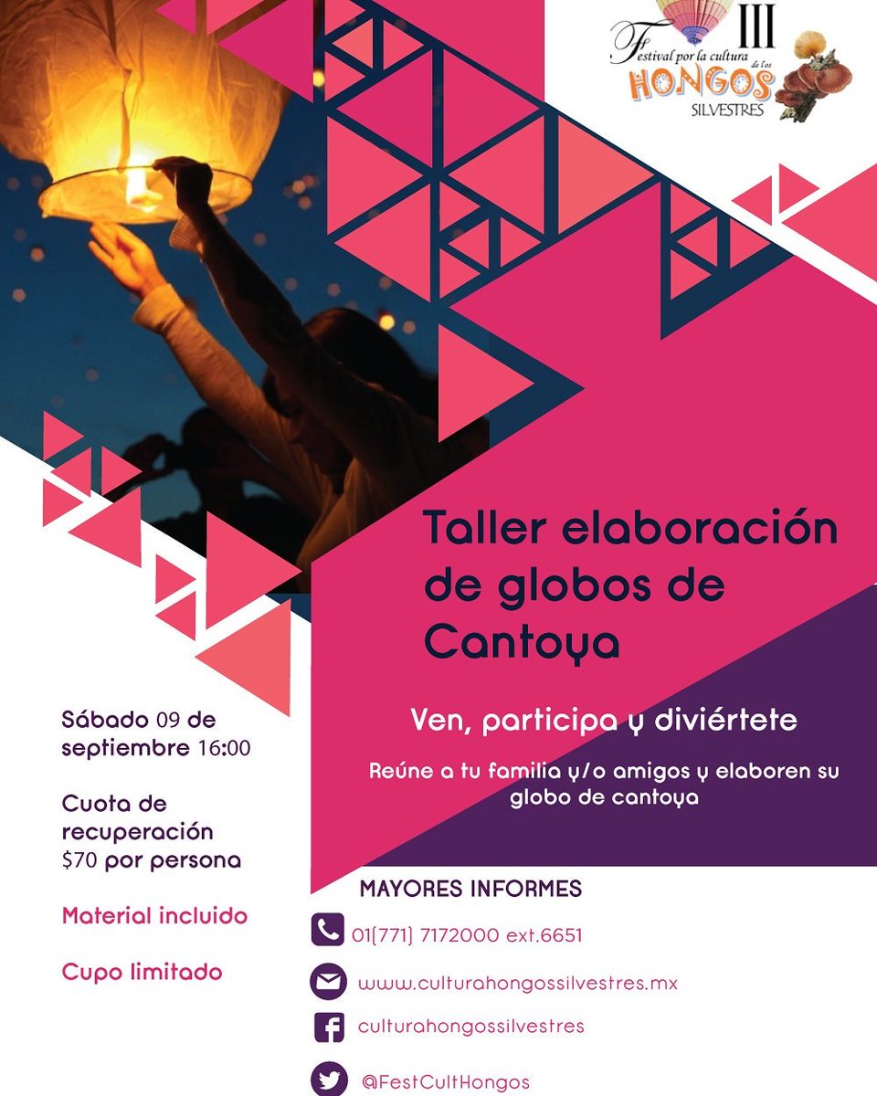 FestCultHongos's tweet photo. Amig@s
Participen en el Taller de Elaboración de Globos de Cantoya.
Mayor información: https://t.co/9BzUQaffrj
#PreparándonosparaelFestival https://t.co/43xcQnOiO9