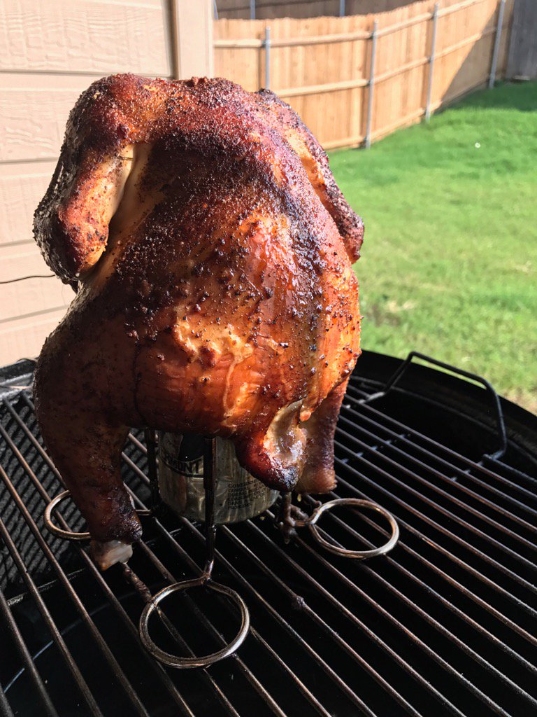 dpbrugler's tweet photo. Beer can chicken on the smoker. One of the easiest (and best tasting) ways to make chicken. https://t.co/v36XPhmQ5D