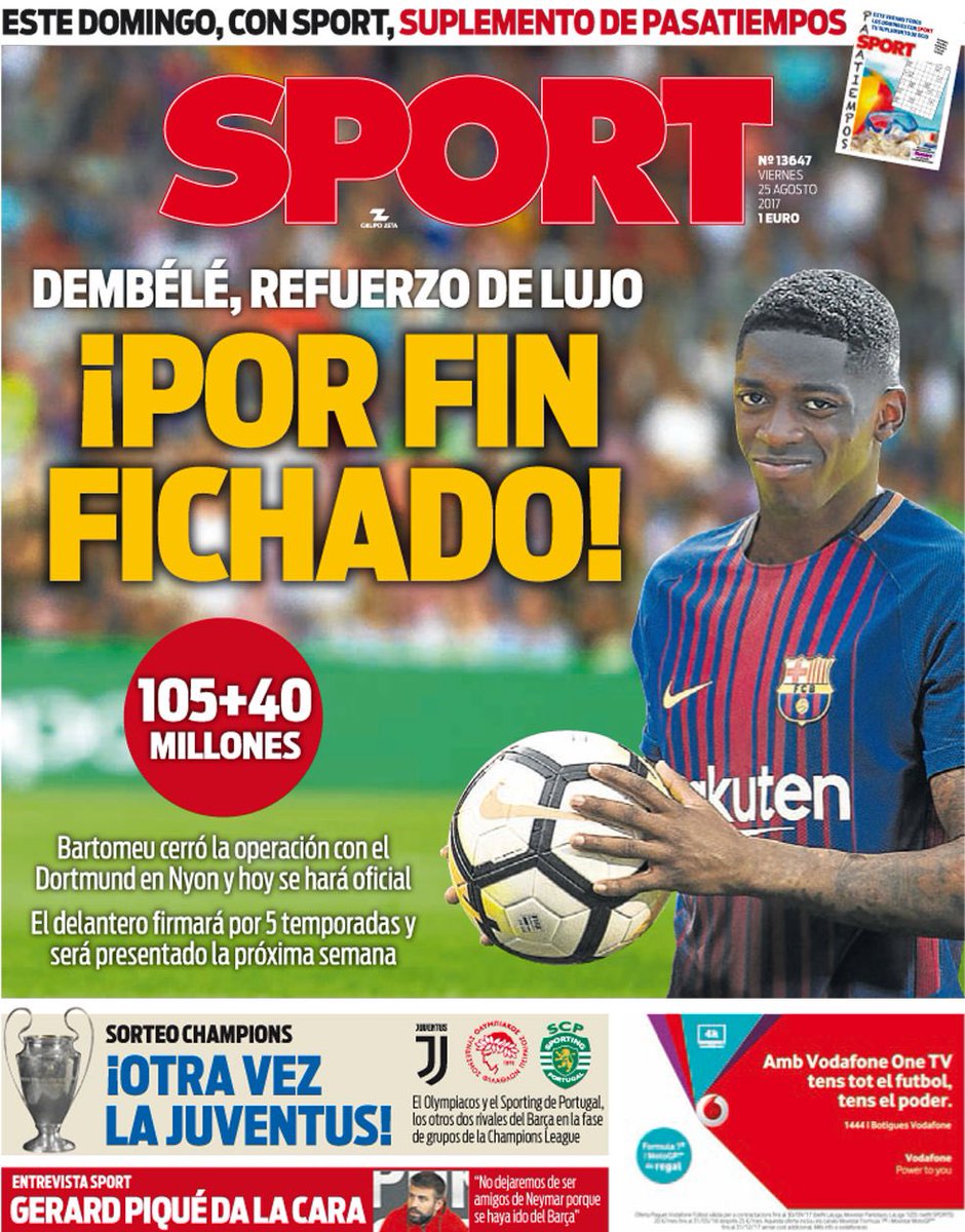 FrenchFCB's tweet photo. #SPORT / Renfort de luxe, Dembele enfin recruté. 105M€ + 40M€ bonus https://t.co/I5ptnojt2c