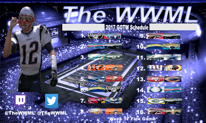 TheWWML's tweet photo. WWML's 2017 Game of the Week Schedule:
@leaguecrawler #WWML #OnlineFranchise #Madden18 https://t.co/aGKRMOls6F