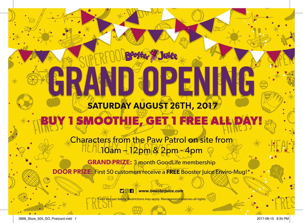 CambCentre's tweet photo. Grand Opening Celebrations @boosterjuice @BjCambridge Saturday, August 26th buy 1 get 1 FREE all day! https://t.co/jLY9Aad7MF