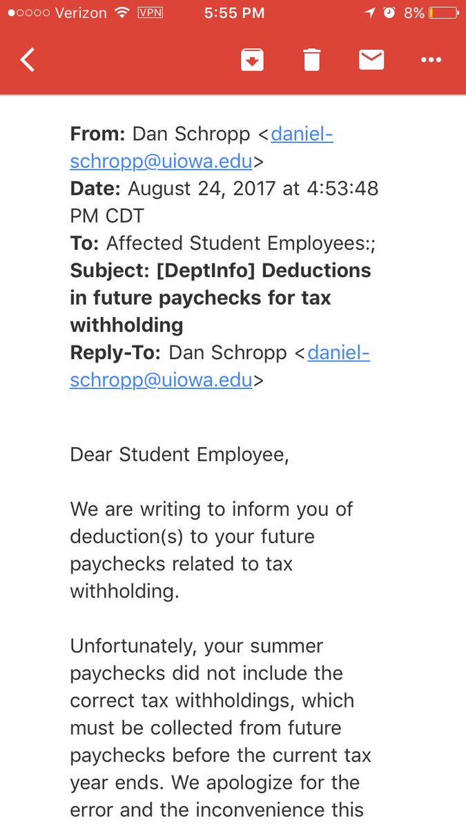 IowaAction's tweet photo. .@uiowa has sent out an email to ALL summer student workers saying that they messed up tax withholdings for a massive amount of employees. https://t.co/SXfUTpQiF2