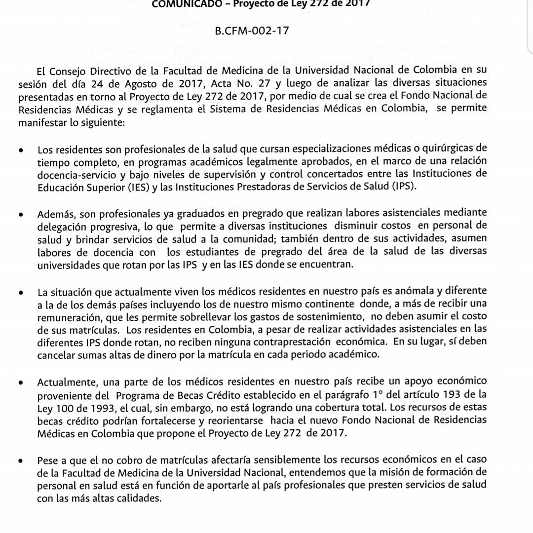 ANIRNACIONAL's tweet photo. Comunicado Consejo Directivo Facultad de Medicina Universidad Nacional #PL272 de 2017 @JorgeIvanOspina @ClaudiaLopez @navarrowolff https://t.co/nOD17d2gE9