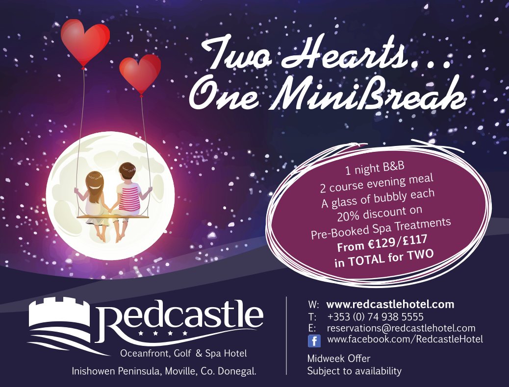 2Hearts 1MiniBreak: 1night B&amp;B + Meal + 20% Discount on pre-booked spa treatments. From €129 for two! Book now! bit.ly/2vxjums