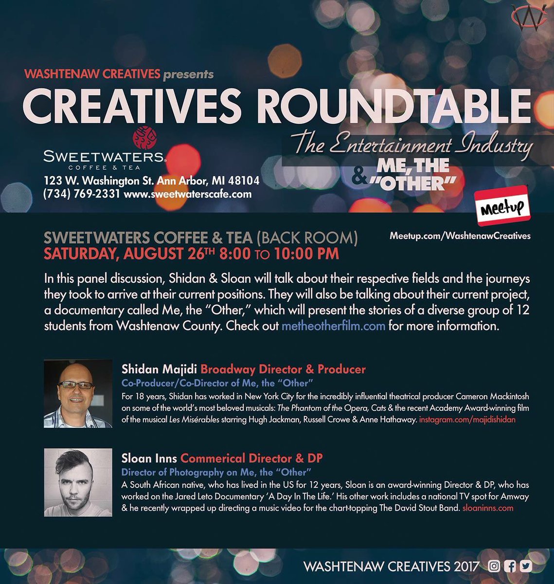 washtenawcreate's tweet photo. Creatives Roundtable: The Entertainment Industry and Me, the "Other" this Saturday at 8PM @Sweetwaters #metheotherfilm #washtenawcreatives https://t.co/PKZQTsC4NR