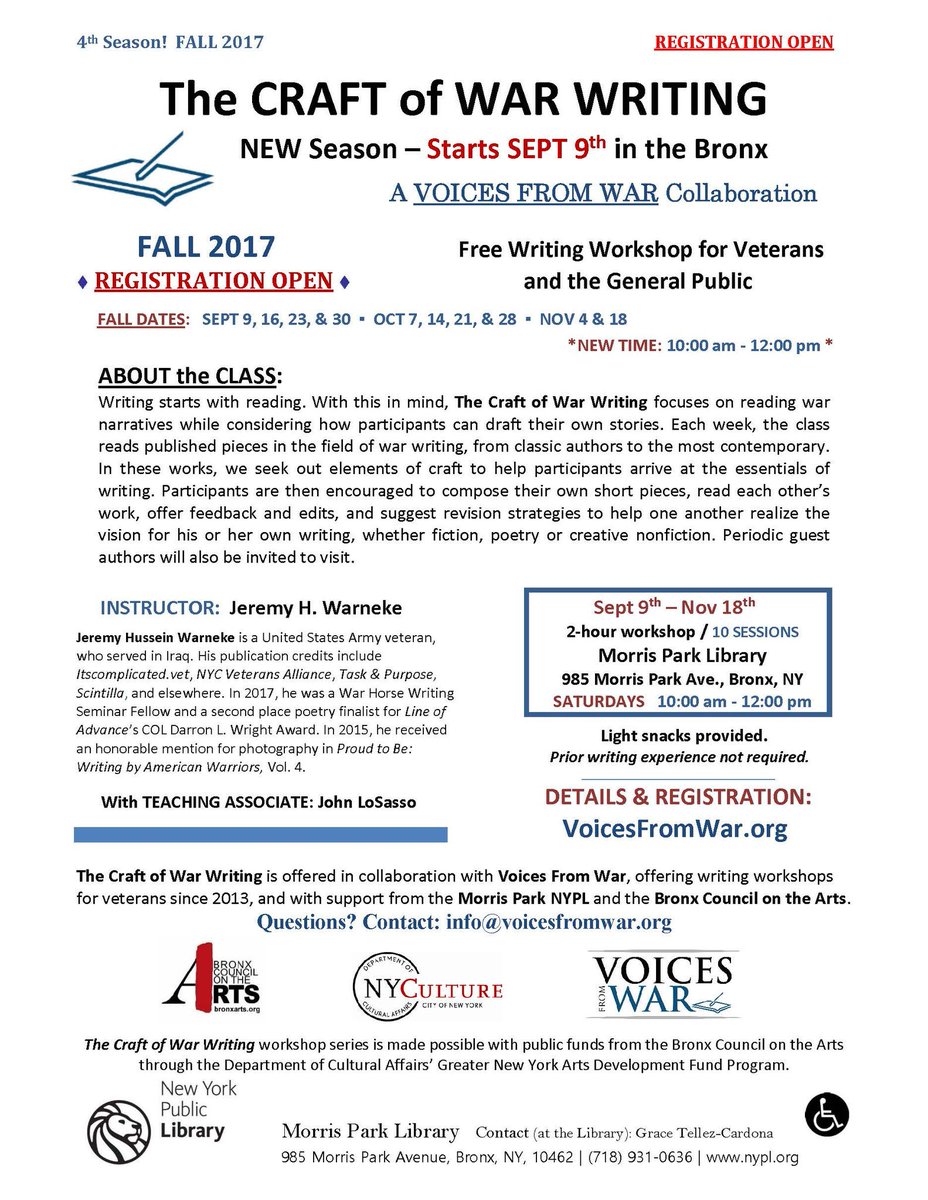 craftowarwritin's tweet photo. Fall 2017 REGISTRATION OPEN. Join veterans and engaged civilians. @voicesfromwar. Details on attached flyer + here: https://t.co/MzOtLleyWg https://t.co/BUVrR2U79C