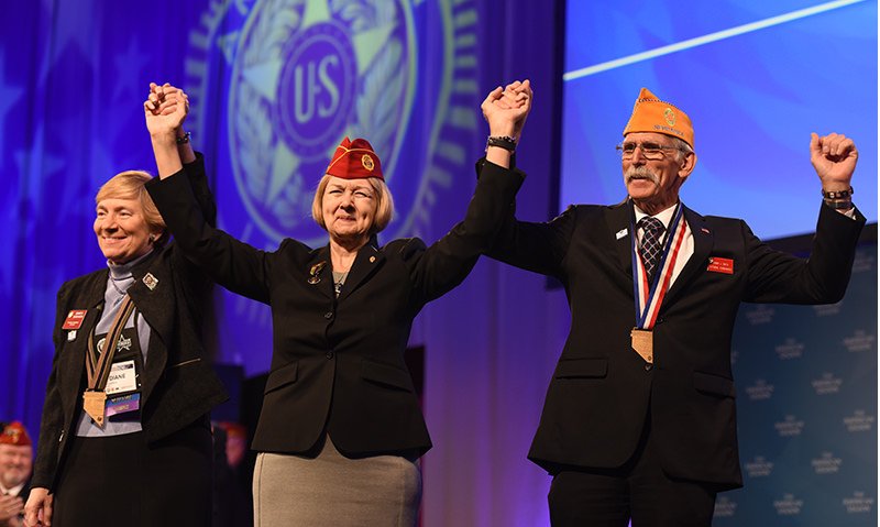 AmericanLegion's tweet photo. 2017-2018 Legion family team: @ALAforVeterans Natl President Diane Duscheck, AL Natl Cmdr Denise Rohan and SAL Natl Cmdr Danny Smith. https://t.co/1PsJWwev3L