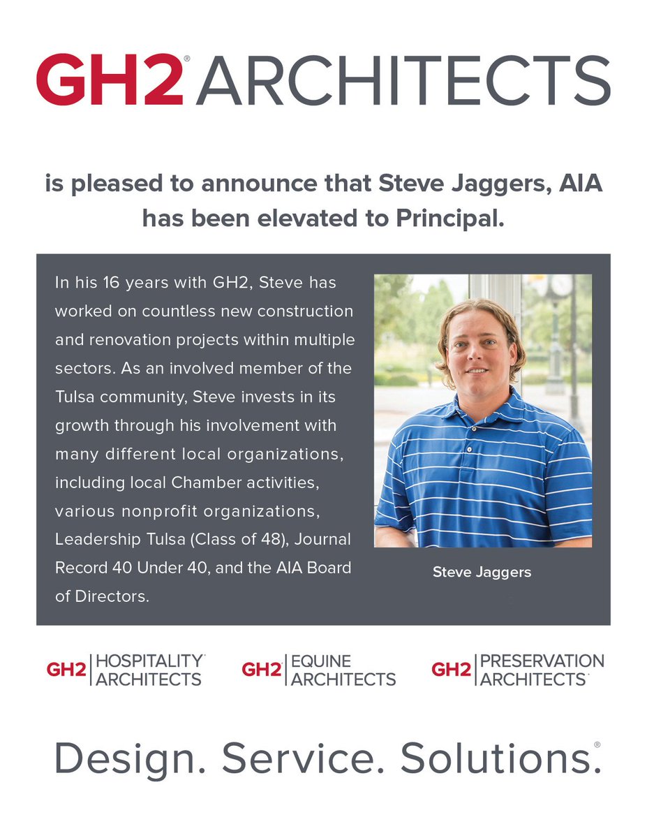 GH2Hospitality's tweet photo. GH2 Architects, LLC is pleased to announce that Steve Jaggers, AIA has been elevated to Principal! BOOYAH!!!! #GH2Family #architect #OKC https://t.co/QpIZQ5UHZK