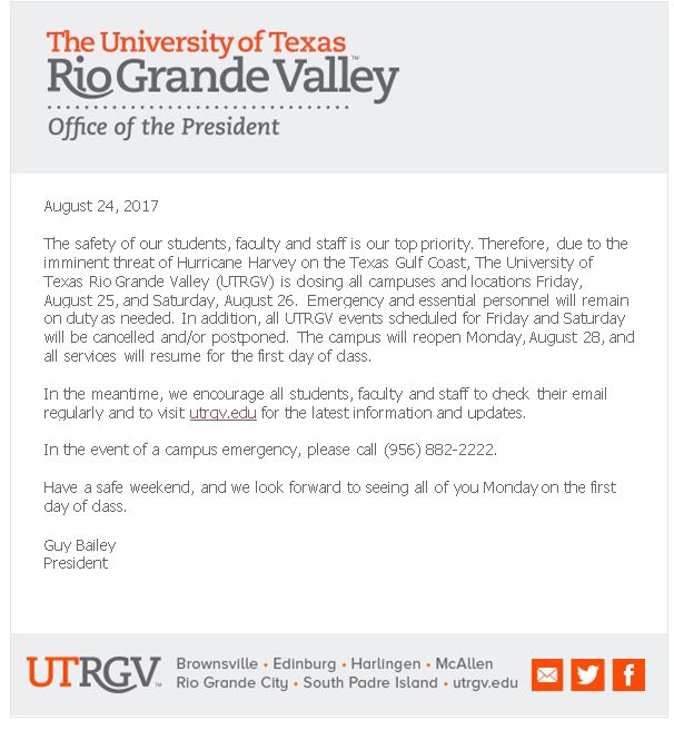 utrgv's tweet photo. All #UTRGV campuses &amp; locations will be closed this Friday &amp; Saturday due to Hurricane #Harvey
For updates: https://t.co/QNSe7IvFjY https://t.co/lgpR36fGps