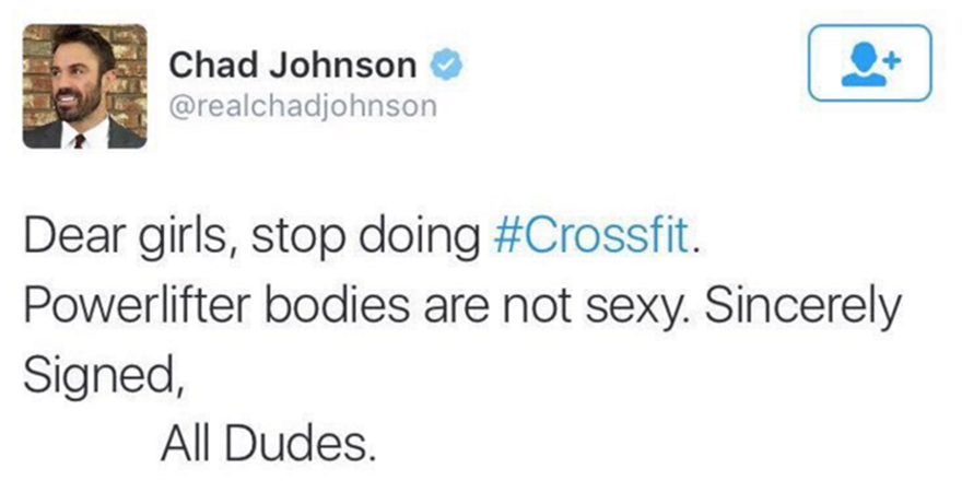 EatThisNotThat's tweet photo. "I lift to feel strong and empowered, not to be something you like to gaze at." #TryAgainChad https://t.co/q5K9JDdErm https://t.co/L8FnILwsgm
