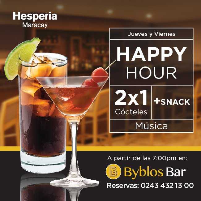 HesperiaVE's tweet photo. Únete a nosotros y disfruta del 2x1 que #Byblosbar tiene para ti. Te esperamos todos los jueves y viernes en el #HesperiaMaracay https://t.co/xXn8K0HeOp