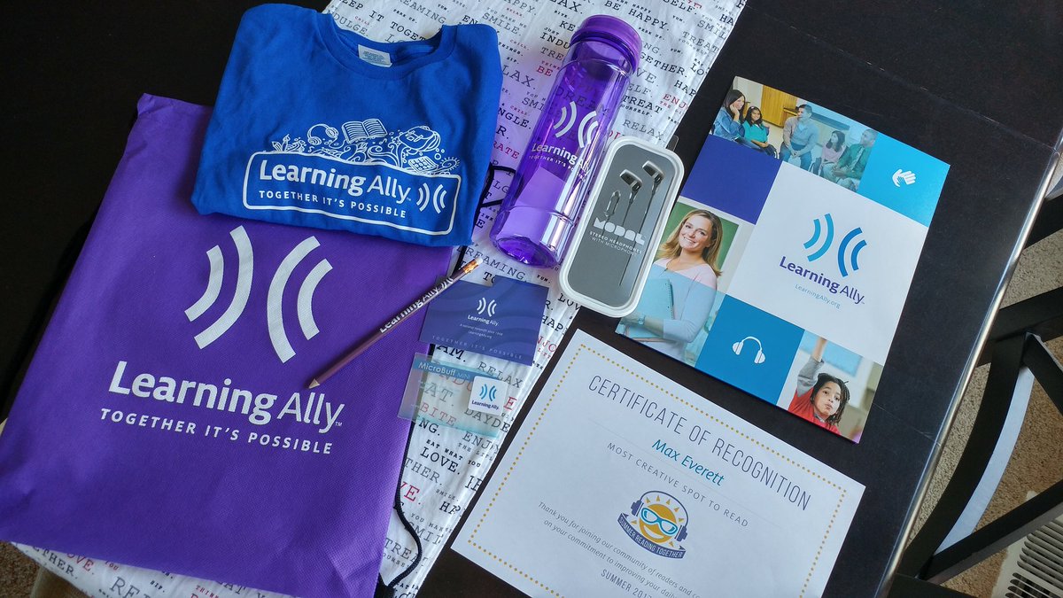 the4everetts's tweet photo. HUGE TY โก@Learning_Ally for the swag bag & a new Max. You change lives in every way!! #saydyslexia #1in5 #SRT17 #earreading #brainplasticity https://t.co/NWuVtxCRyR