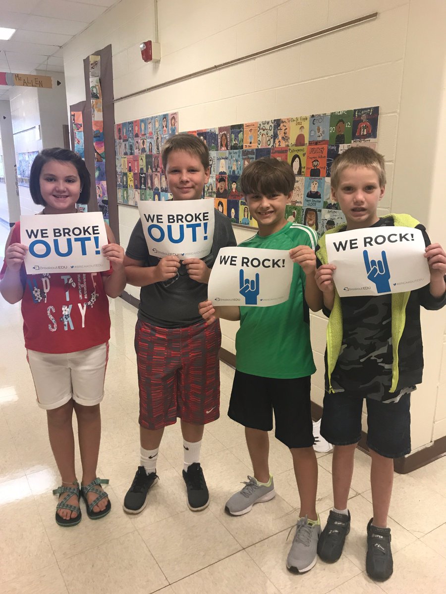 ElmStreetELM's tweet photo. They broke out! Breakout EDU challenge solved by these 4th graders in Think Tank today. Way to use clues! https://t.co/FodG8OLtET