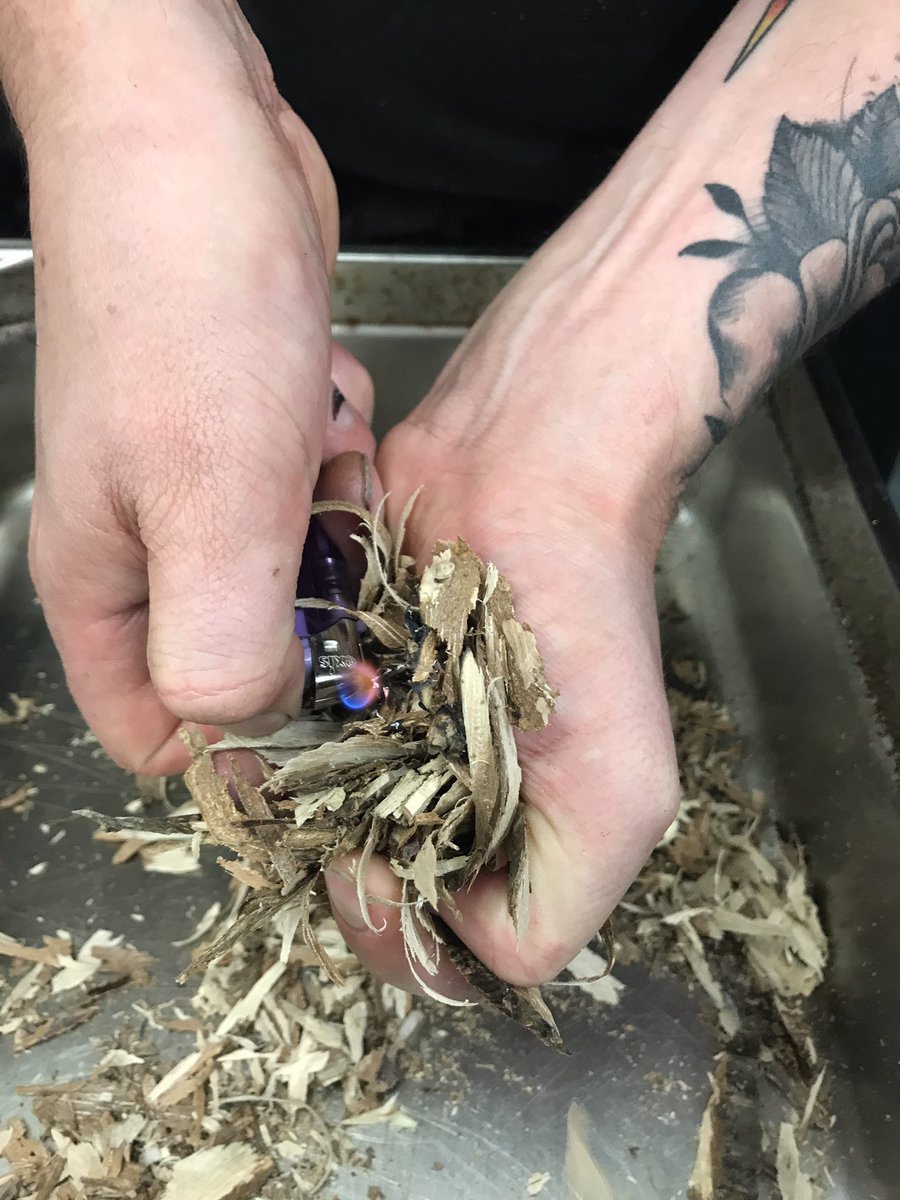 Chef Tom smoking hazel nut bark for our gooseberry &amp; smoked mackerel. #buckingham #finefood #dinnerdate #dinnerideas #buckinghamfoodie