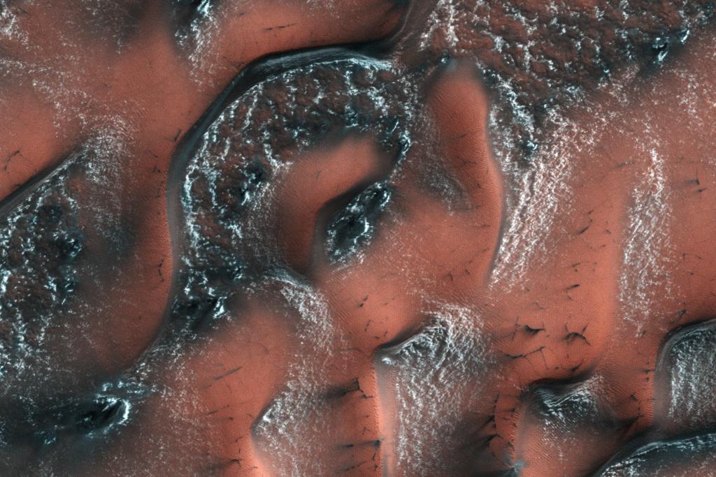 NASA's tweet photo. Over the winter, snow &amp; ice cover Martian dunes. Unlike on Earth, this snow &amp; ice is carbon dioxide… a.k.a. dry ice: https://t.co/XKytzjVIuL https://t.co/eWGpaBJoDO
