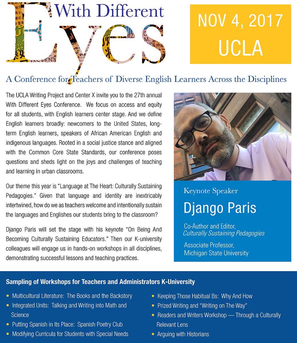 uclawp's tweet photo. UCLA Writing Project and Center X invite you to the 27th annual With Different Eyes Conference
#UCLAWP #UCLACenterX
https://t.co/aNGRGZJea9 https://t.co/fr3PbU2RvX