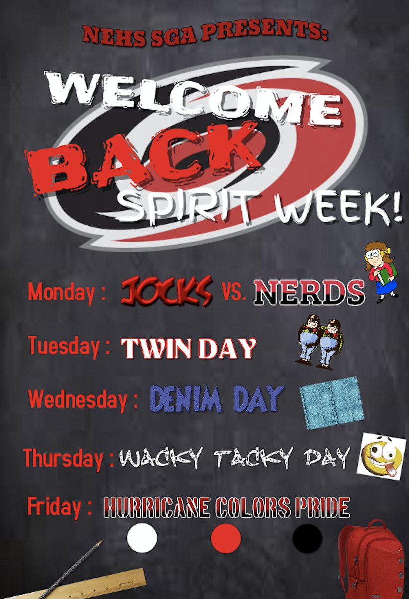 nehs_sga's tweet photo. NEHS WELCOME BACK SPIRIT WEEK! NEXT MON.-FRI. AUG. 28 - SEPT. 1ST! https://t.co/Bpx8hpPmvl