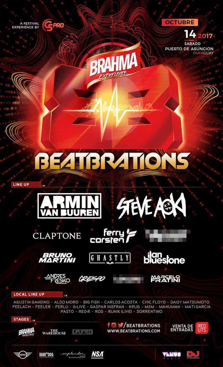 Estamos muy emocionados de anunciar el line-up de #BeatBrations 2017!
Entradas en @RedUTS_Py!
#BeatBrations
#BrahmaExperience