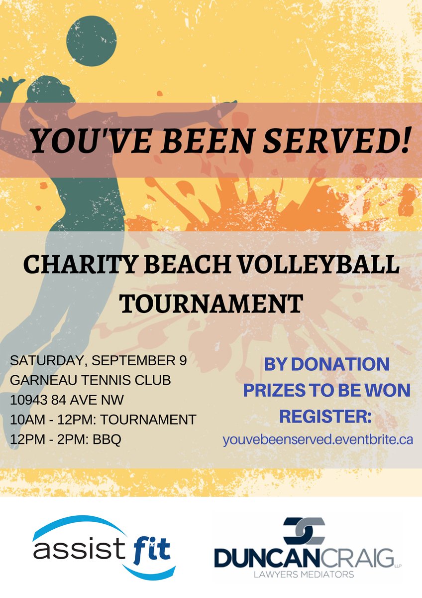 Partnering with <a href="/LawyersAssist/">AB Lawyers' Assist</a> for a Beach Volleyball tournament Sep 9. Looking for #yeg lawyer teams. <a href="/ECLCLaw/">Edmonton Community Legal Centre (ECLC)</a> youvebeenserved.eventbrite.ca