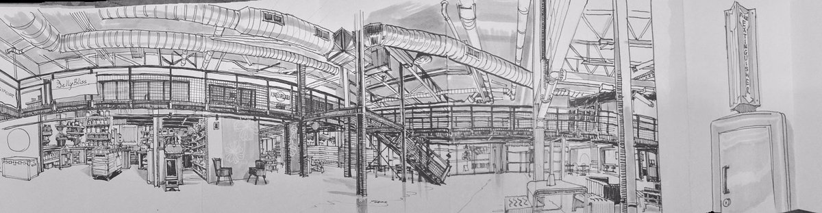 Panoramic sketch in the halls of the @OhHeyStanley marketplace. #UrbanSketchers #urbansketchersdenver 