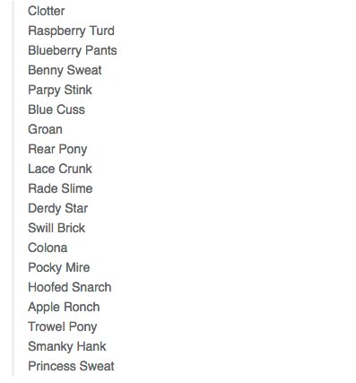 Clotter
Raspberry Turd
Blueberry Pants
Benny Sweat
Parpy Stink
Blue Cuss
Groan
Rear Pony
Lace Crunk
Rade Slime
Derdy Star
Swill Brick
Colona
Pocky Mire
Hoofed Snarch
Apple Ronch
Trowel Pony
Smanky Hank
Princess Sweat