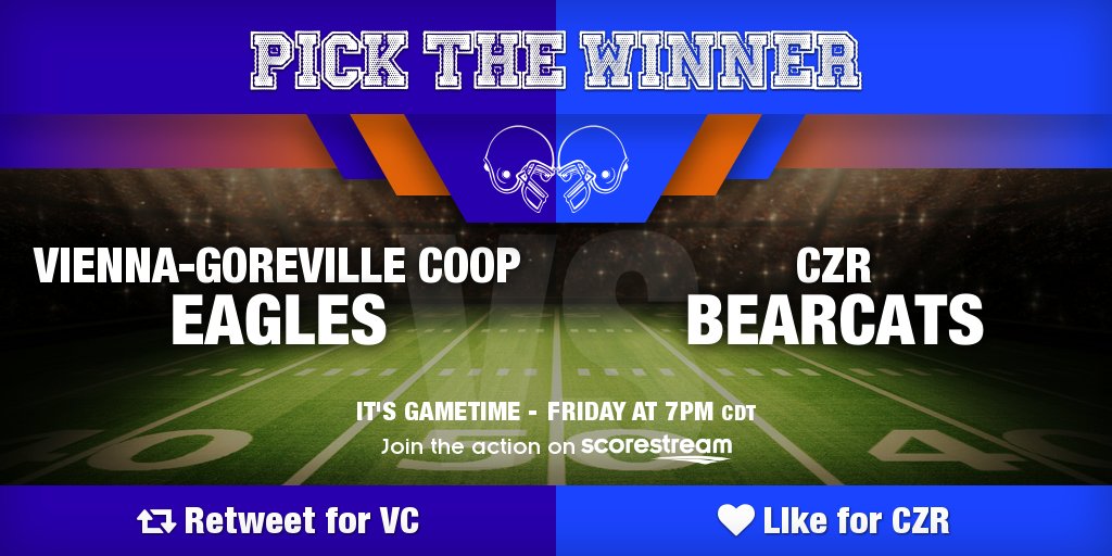 scorestream (@scorestreamzach) on Twitter photo Who wins??
Retweet for Vienna-Goreville Coop
Like for CZR (<a href="/SIllinoisSports/">So. Illinois Sports</a>)
Get the app 🏈 scorestream.com/app?rId=twg Who wins??
Retweet for Vienna-Goreville Coop
Like for CZR (<a href="/SIllinoisSports/">So. Illinois Sports</a>)
Get the app 🏈 scorestream.com/app?rId=twg