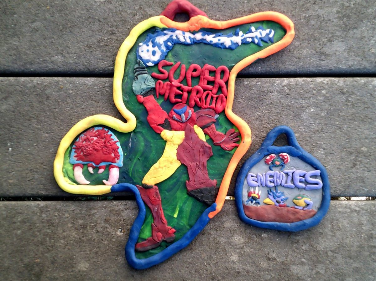 NickoSwimmer's tweet photo. #NintendoContestEntry #MetroidFanArt @NintendoAmerica Super Metroid femo-clay wall sculptures made with buddy Jorian! #Childhood #10yo https://t.co/AL7RGlet3h