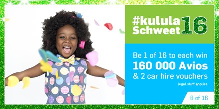 kulula's tweet photo. Day 8! Subscribe to our fanmail, wish us a happy #kululaSchweet16 birthday &amp; you could awesome giveaways! Enter here:https://t.co/1jpUQ8xP7X https://t.co/vFMJtJnp2V