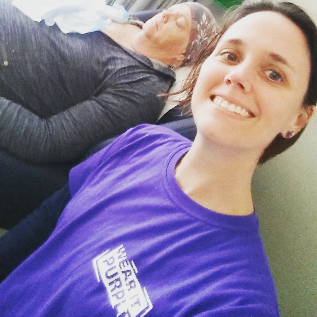 emploding's tweet image. The traditional 'mum sleeps through #chemo' photo, this week with bonus #wearitpurple