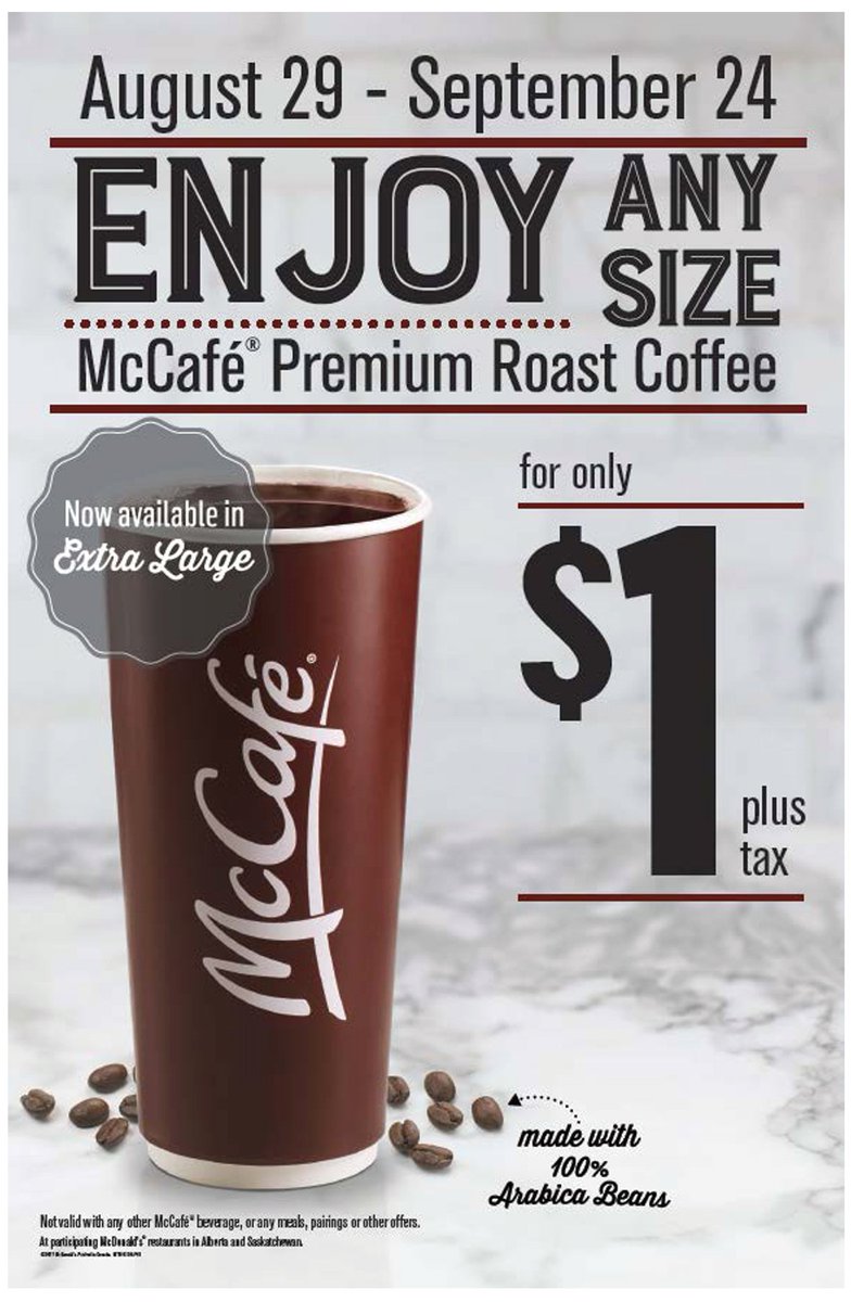FortSaskMcD's tweet photo. Starting August 29th - your Premium Roast Coffee just got even better. 

$1 any size, any time. 

#fortsask https://t.co/6K8Gx6u3IP