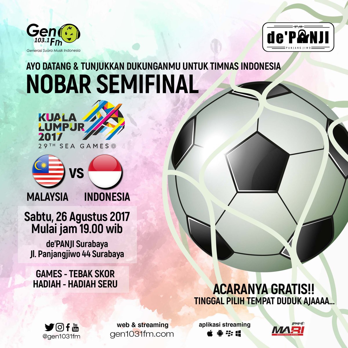 gen1031fmsby's tweet photo. HARI INI #GenNobar INDONESIA vs MALAYSIA di Cafe De Panji (Jl Panjang Jiwo 44) datang lebih awal yo sob, biar dapet posisi wenak https://t.co/7IB0sF7P9y