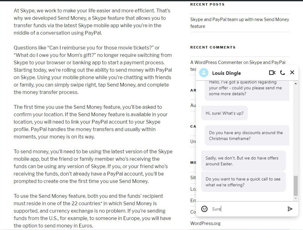 tailorwp's tweet photo. @Skype Just released a free WordPress plugin to add 💬 live chat functionality to a website. Looks cool. https://t.co/WtDyjnRTS0 https://t.co/gZozHCsJSg