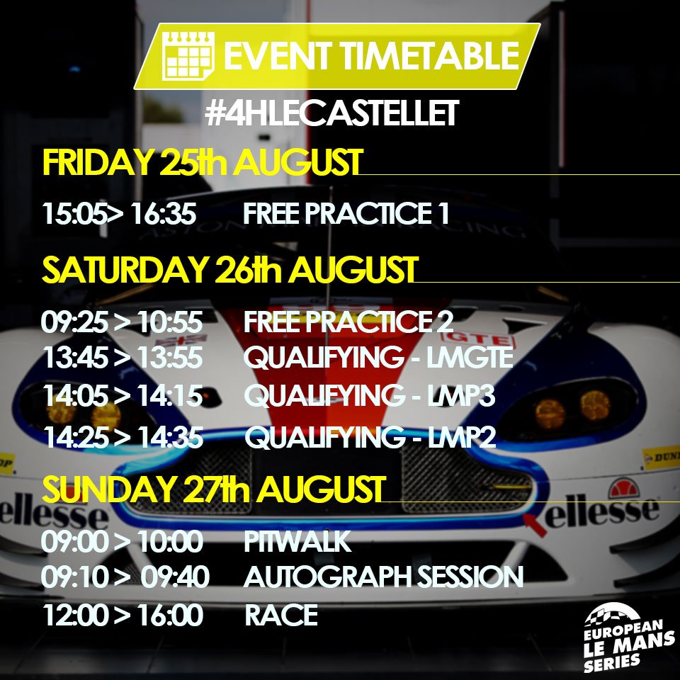 ⏰4 Hours of Le Castellet's timetable⬇️ #elms #4hlecastellet @PaulRicardTrack