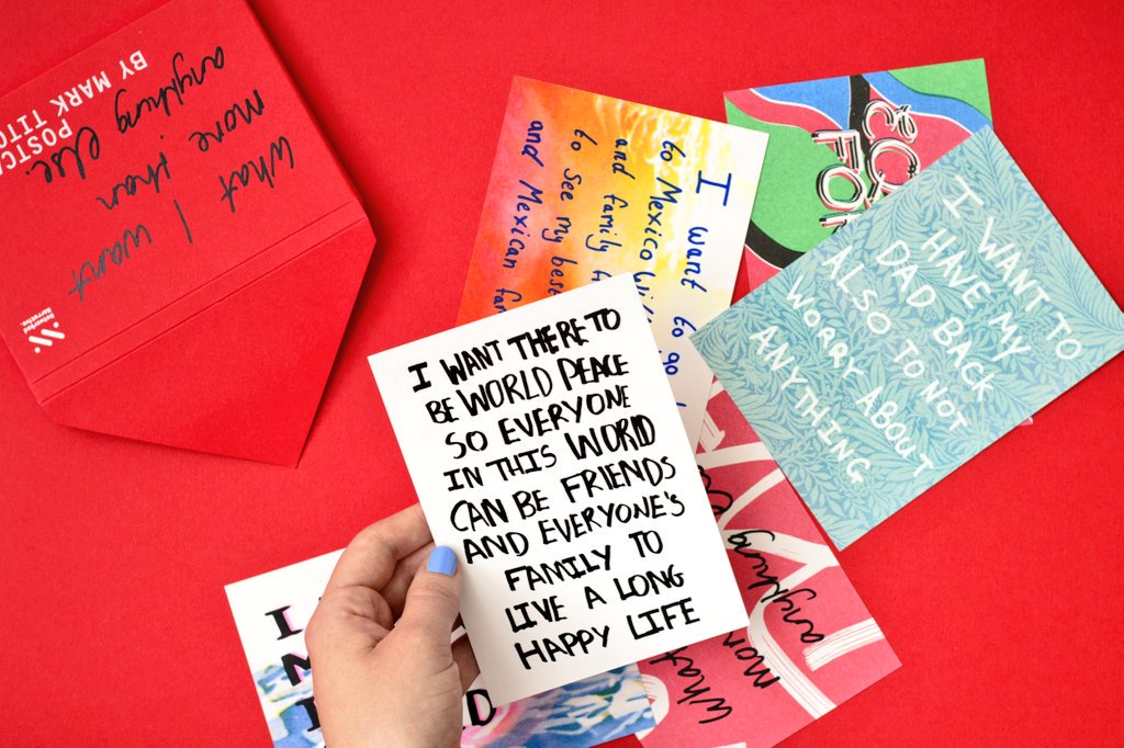 JotPaperCo's tweet photo. Riso &amp; foil postcards for 'What I want more than anything else' by Mark Titchner with young people from Hull @Net_Narrative  @FACT_Liverpool https://t.co/KWCsCBOFHt