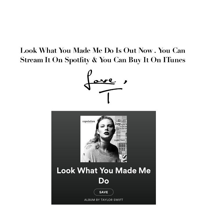 _REPUTATIONTOUR's tweet photo. Look What You Made Me Do Is Currently Out Now 🐍 You Can Stream It On Spotify Or Buy It On ITunes 

#LookWhatYouMadeMeDo #Reputation https://t.co/wCztyn60cz