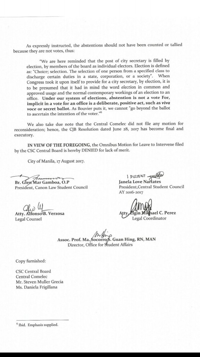 TomasinoWeb's tweet photo. TIGNAN: Ang resolusyon ng CJB sa apelang isinampa ng Central Board. #RightClick2017 #USTHalalan2017 https://t.co/Wvh5j9bwCz