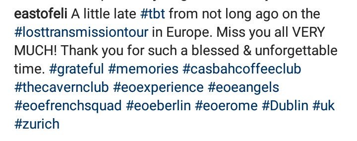eoe_italy's tweet photo. Ricordi del tour europeo ❤
#tbt #LostTransmissionTour #eoerome #eoeitaly 

[IG: eastofeli] https://t.co/wpdhkCtR3l