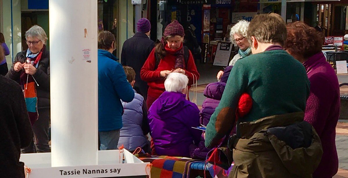 RonChristie's tweet photo. What Community Inclusion is about-Tassie Nannas knitting 4 Refugees &amp; the guys from Link 4 gender equality sharing Hobart'sMall @ lunchtime https://t.co/ZWeBVctfDL