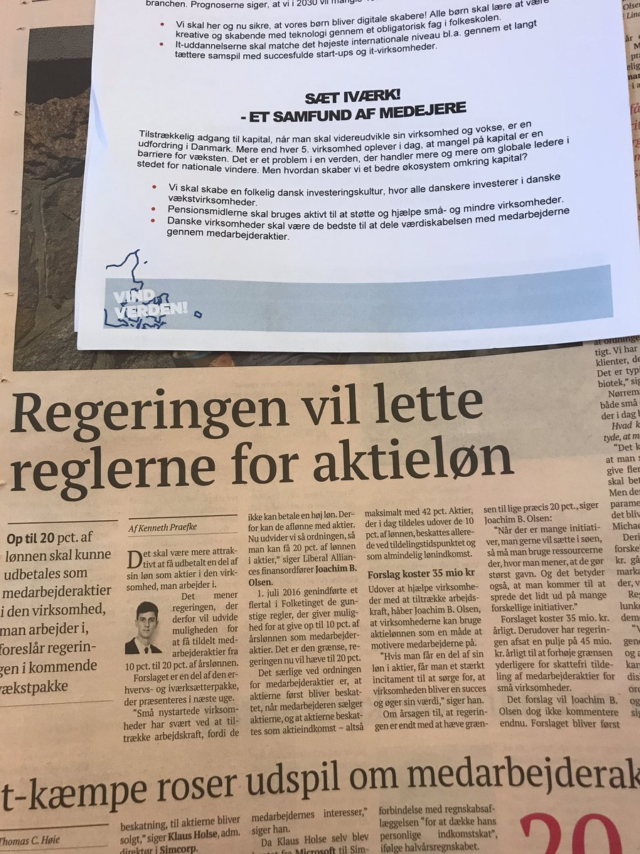 MetteLITB's tweet photo. Hjælp til startups - måske - på vej! @regeringDK foreslår 20 pct loft for aktier til medarb 👍🏻#dkpol #vindverden #cphftw @ITBranchen https://t.co/95ADEdkboM