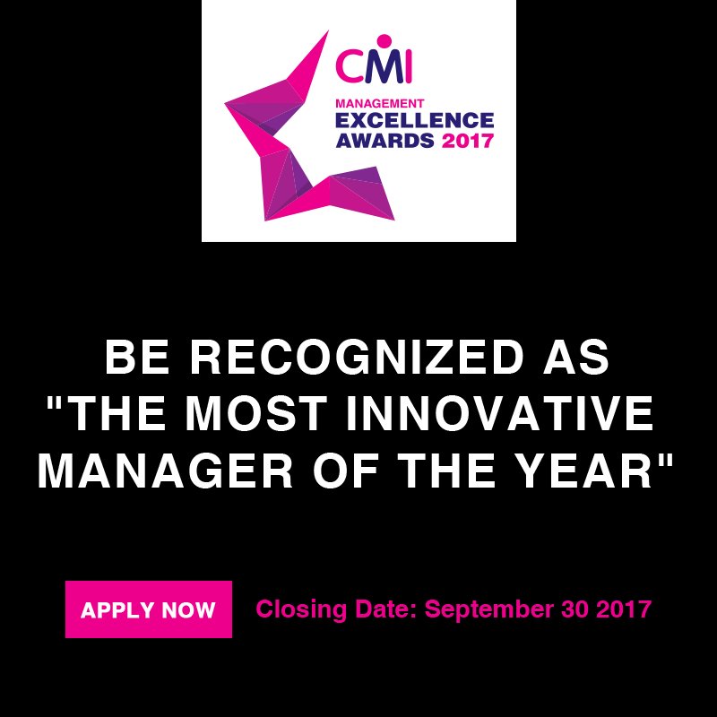 CMI_SL's tweet photo. Are you an #InnovativeManager in your organisation?
Apply https://t.co/SELRDkO7Ts for #CMI Management Excellence Awards #CMIMEA2017 https://t.co/iGdcjrr9Cz