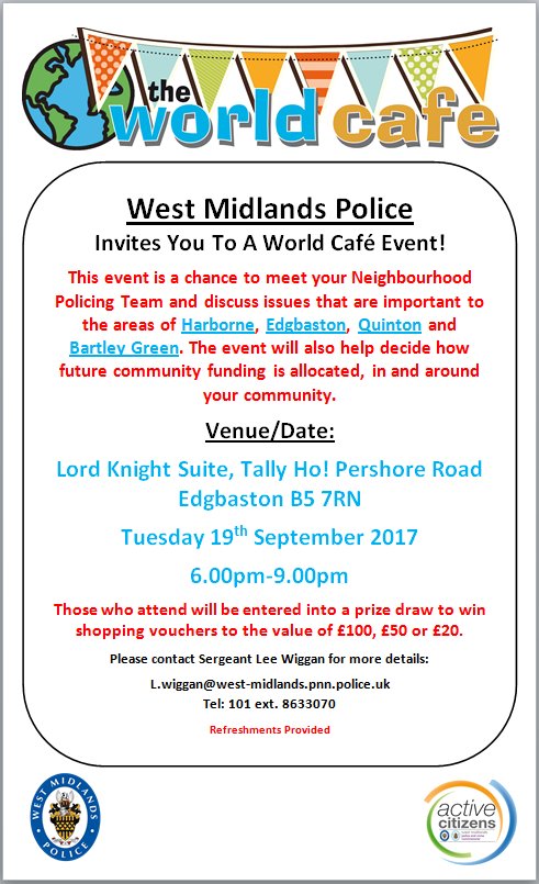 QuintonWMP's tweet photo. The Quinton Neighbourhood Team are looking forward to seeing our community at our world café event Tuesday 19th September https://t.co/tQgn3jkmEw