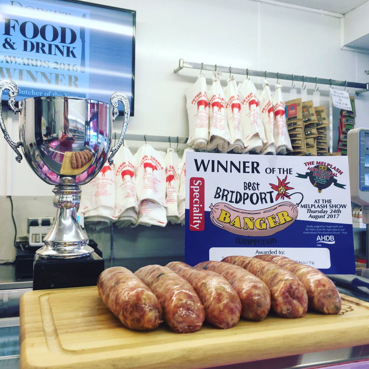 peter_trebles's tweet photo. We have won the best specialty sausage!! Which was our pork sweet pepper and leek sausage. The competition was at the  Melplash Show#number1 https://t.co/s3brQDNGhR