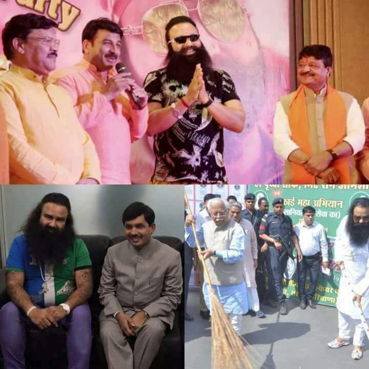 WithCongress's tweet photo. Old friends, BJP &amp; Baba. This is y despite imposition of sec 144, rape accused Baba arrives in Court in a 200 car convoy. #RamRahimVerdict https://t.co/DLOqErr1ZL