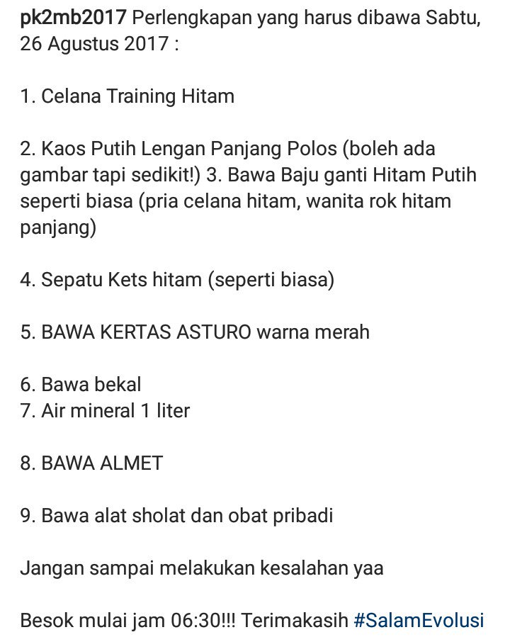 pk2mb2017's tweet photo. Perlengkapan yg harus dibawa Sabtu 26 Agustus 2017 
Wajib !!!!!!!
Don't forget 😉 https://t.co/kGiRNrzQxv