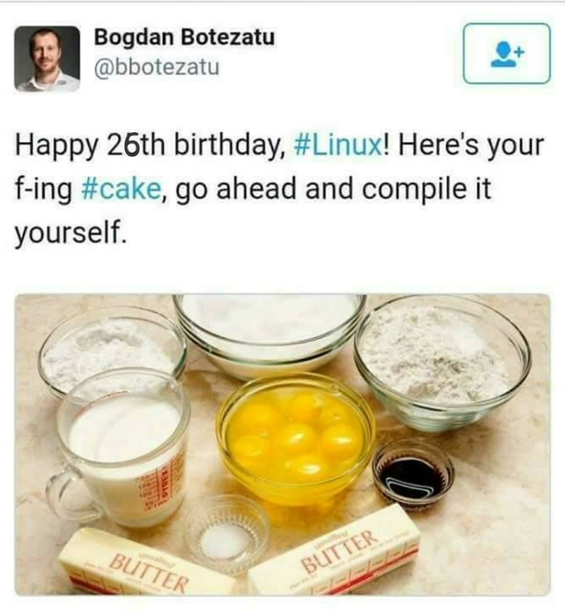 nixcraft's tweet image. Happy 26th cake day Linux. Via @bbotezatu #HappyBirthday #Sysadmin