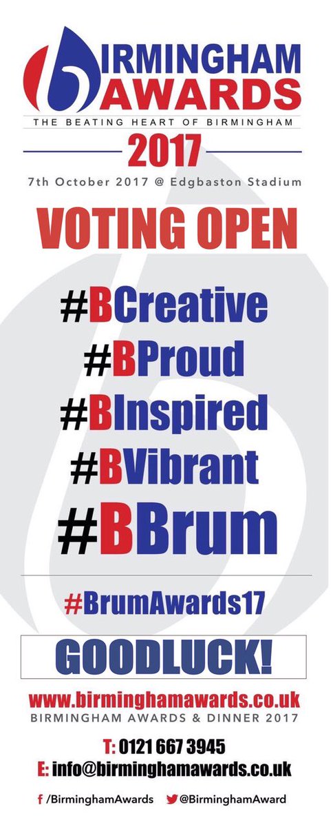 Voting lines are now open!Vote for your favourite here: goo.gl/fajfG4 #BInspired #BProud #BBrum #BrumAwards17 see you all 07.10.17